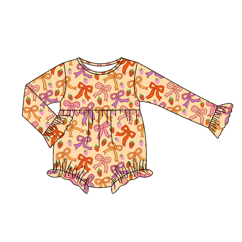 Preorder moq 5 Baby Infant Girls Long Sleeves Colorful Bows Strawberry Plaid Ruffle Romper