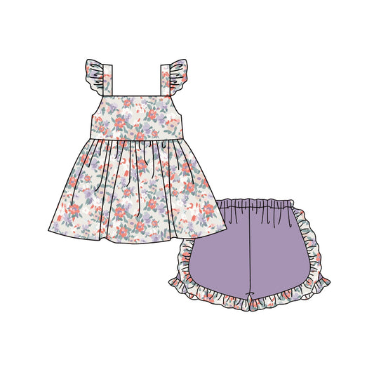 Preorder (moq 5)Baby Girls Flutter Sleeve Colorful Flowers Tunic Purple Short Clothes Sets