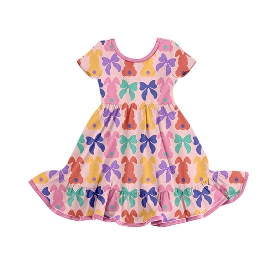 Preorder(moq 8)Baby Girls Colorful Rabbits Bows Easter Ruffle Knee Length Dresses