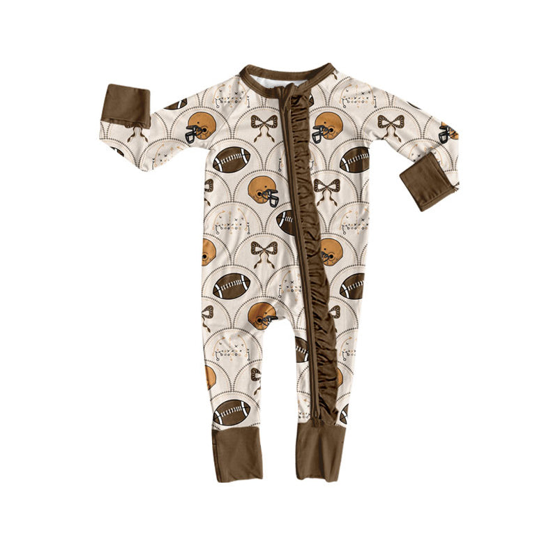 Preorder (moq 5)Baby Girls Footballs Bows Checked Team Ruffle Zipper Footie Rompers