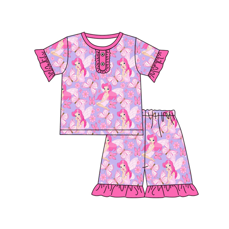 Preorder (moq 5)Baby Girls Butterfly Princess Button Shirt Ruffle Shorts Pajamas Clothes Sets