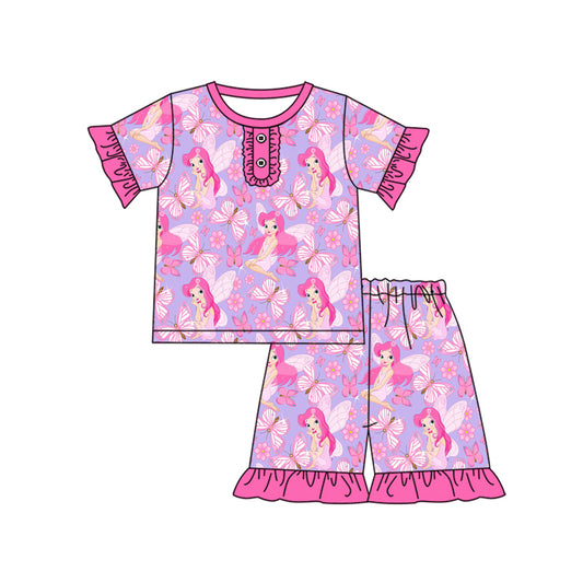 Preorder (moq 5)Baby Girls Butterfly Princess Button Shirt Ruffle Shorts Pajamas Clothes Sets