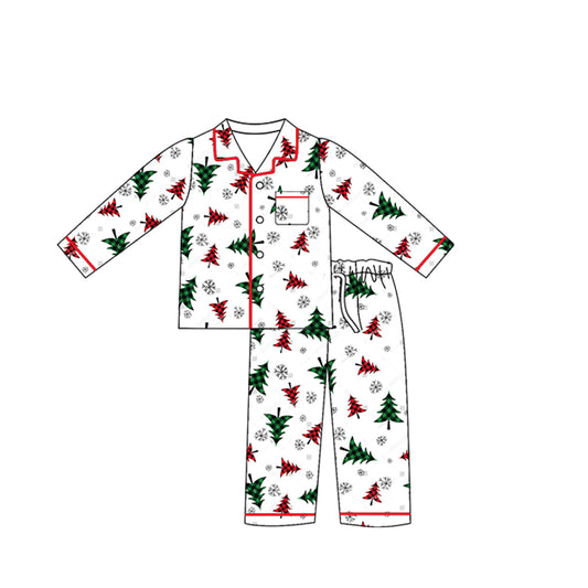 Preorder moq 5 Adult Women Long Sleeves Christmas Trees Pocket Button Top Pant Pajamas Set