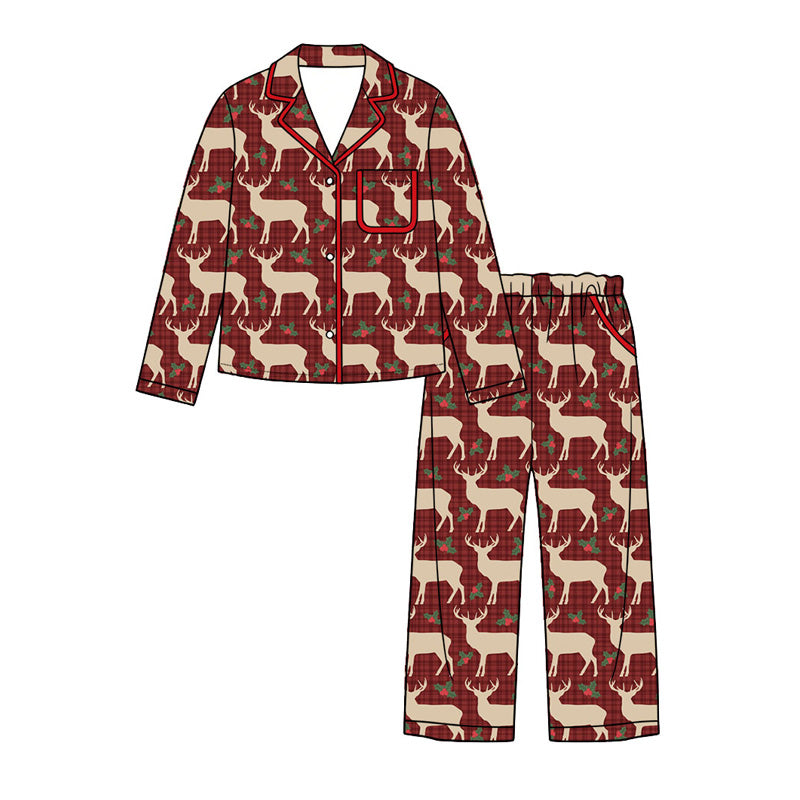 Preorder (moq 5)Baby Girls Deer Holly Button Pocket Top Pant Christmas Pajamas Sets