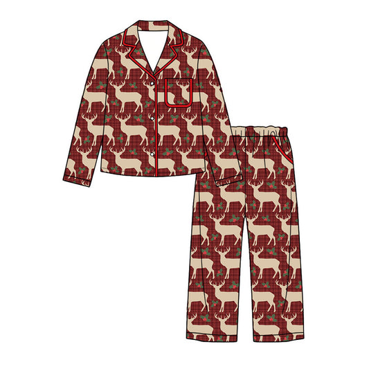 Preorder (moq 5)Baby Girls Deer Holly Button Pocket Top Pant Christmas Pajamas Sets