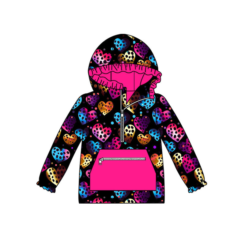 Preorder (moq 5)Baby Girls Polka Dots Hearts Pocket Zipper Valentine Ruffle Hoodies Top