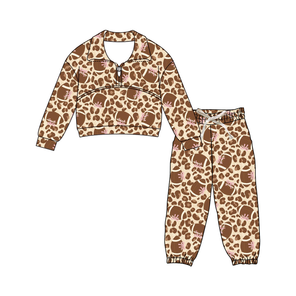 Preorder (moq 5)Baby Girls Leopard Bow Footballs Zipper Pullover Pants Team Clothes Sets