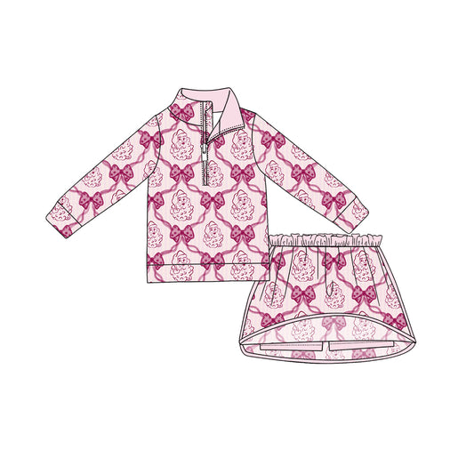 Preorder (moq 5)Baby Girls Santa Bows Checked Zip Pullovers Top Skirt Short Christmas Clothes Set