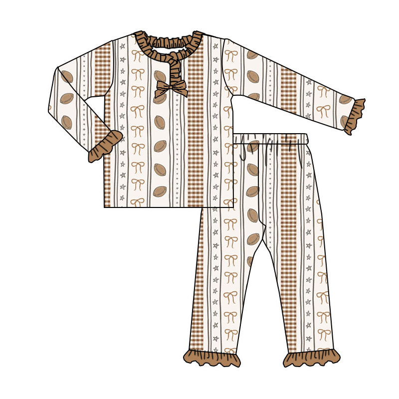Preorder (moq 5)Baby Girls Bows Footballs Stripe Ruffle Pants Team Pajamas Sets
