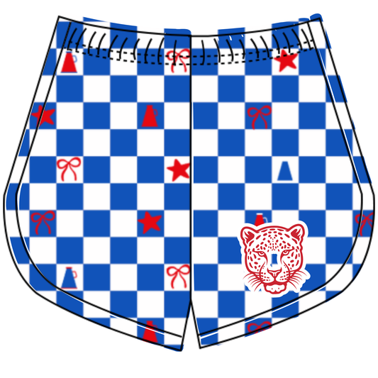 Preorder (moq 5)Baby Girls Blue White Checked Leopards Cheer Team Shorts Bottoms