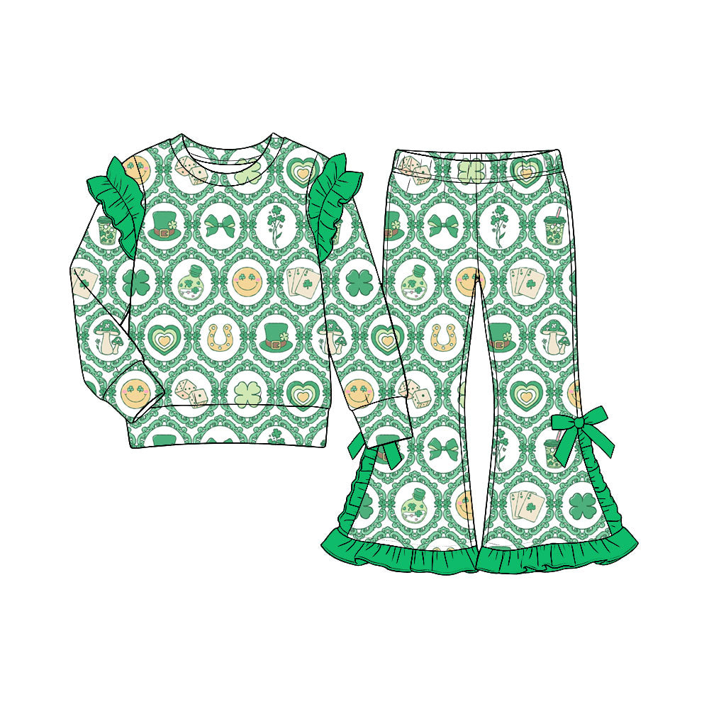 Preorder (moq5) Baby Girl Clothes St Patrick’s Day Clover Vintage Frame Print Long Sleeve Ruffle Shoulder Top Ruffle Flare Pant Set