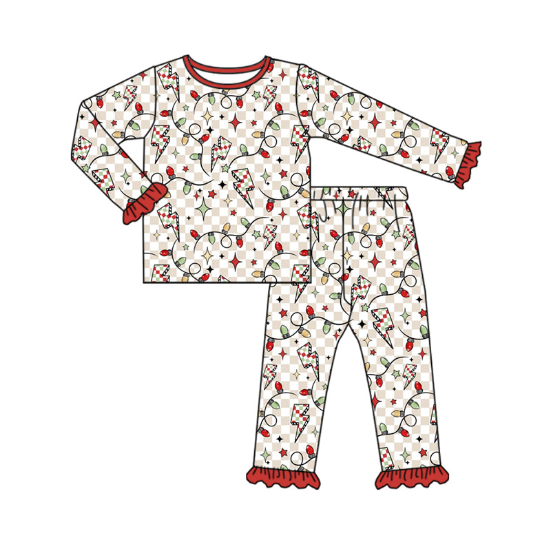 Preorder (moq 5)Baby Girls Long Ruffle Sleeves Red Plaid Lights Top Pant Pajamas Set