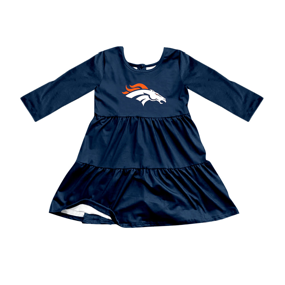 Preorder (moq 5)Baby Girls Navy Long Sleeves Horses Shorts Team Knee Length Dresses