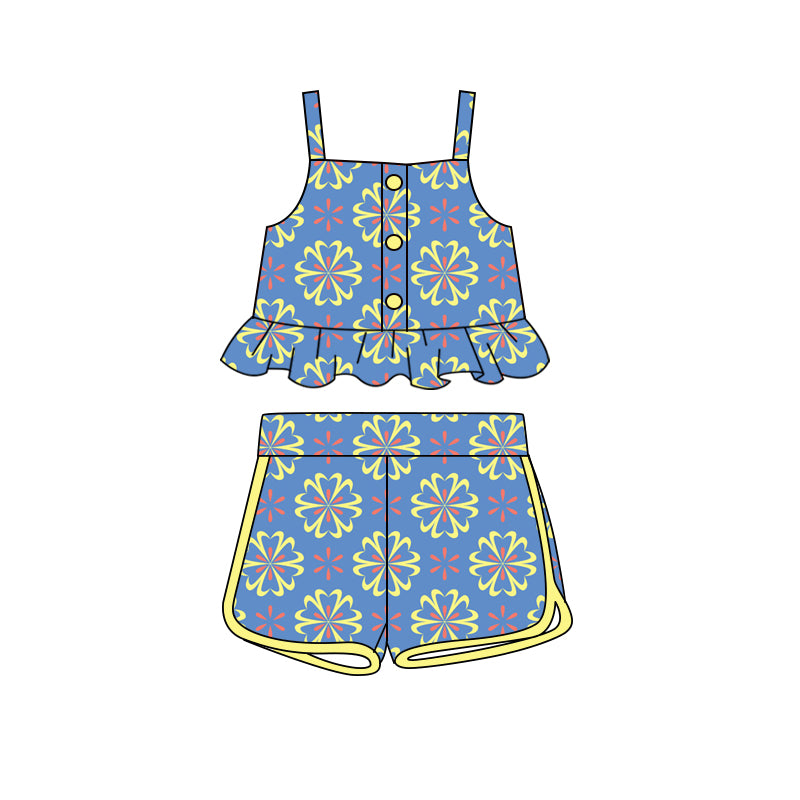 Preorder (moq 5)Baby Girls Blue Flowers Straps Top Shorts Clothes Sets