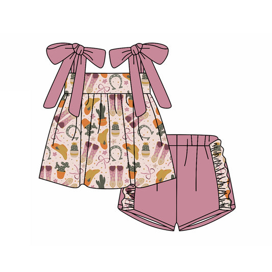 Preorder (moq 5)Baby Girls Lavender Strap Boots Cactus Tunic Ruffle Shorts Clothes Sets