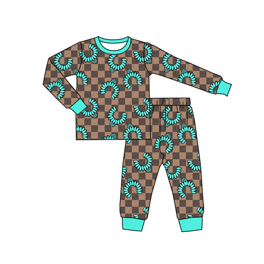 Preorder (moq 5)Baby Kids Long Sleeve Khaki Checked Turquoises Top Pants Western Pajamas Sets