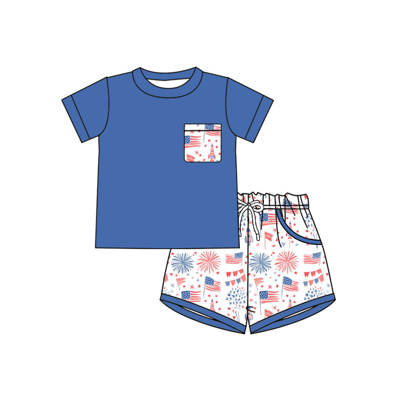 Preorder moq 5 Baby Boys Shirt Top Fireworks Flags Pockets Short 4th of July Clothes Set