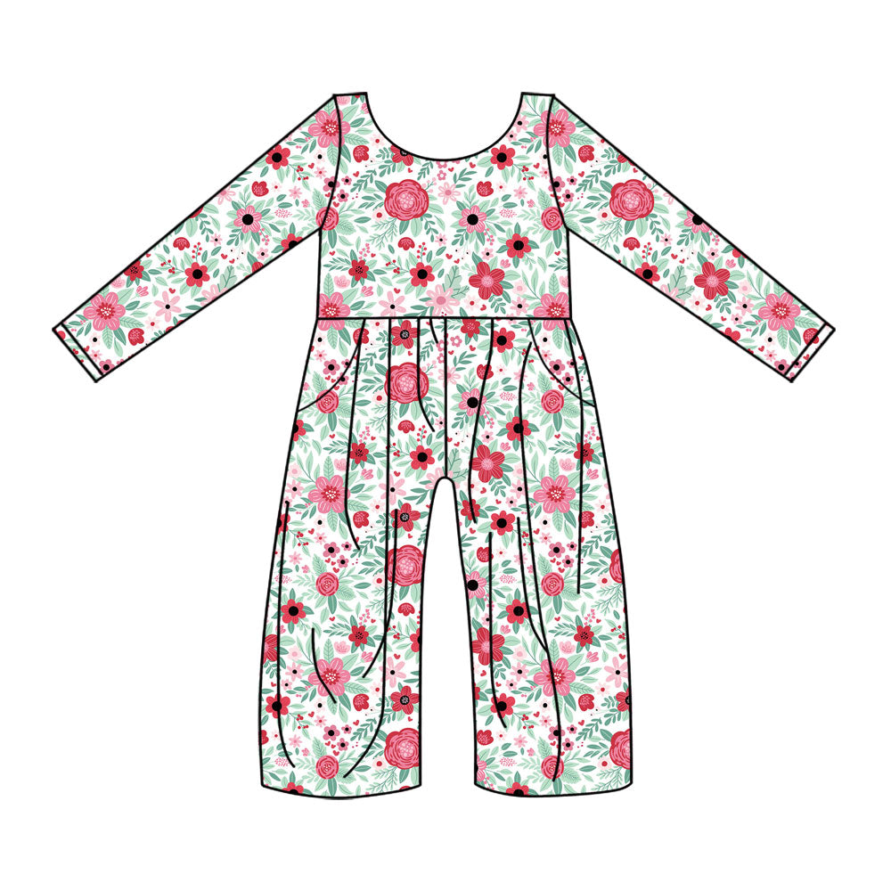 Preorder (moq 5)Baby Girls Long Sleeve Red Flowers Pockets Jumpsuits
