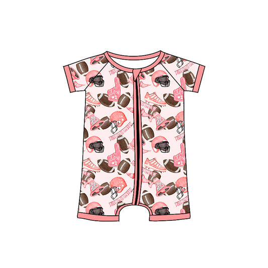 Preorder (moq 5)Baby Girls Pink Short Sleeves Footballs Flags Zipper Rompers