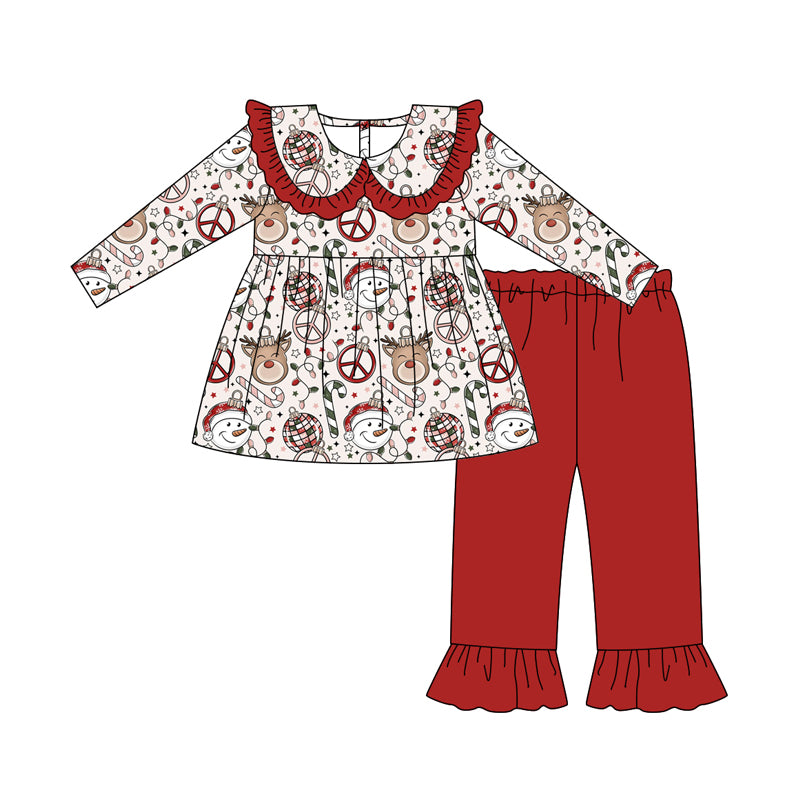 Preorder (moq 5)Baby Girls Long Sleeves Santa Deer Candy Cane Tunic Ruffle Pants Set