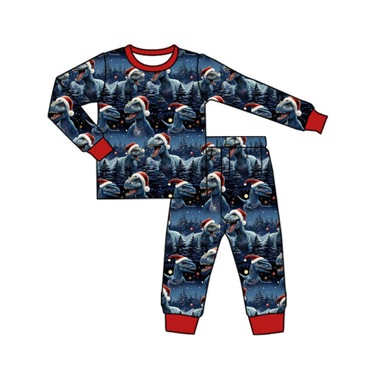 Preorder (moq 5)Baby Boys Hats Dinosaurs Trees Top Pants Christmas Navy Pajamas Sets