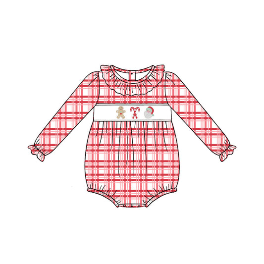 Preorder (moq 5)Baby Girls Gingerbread Santa Red Checked Christmas Ruffle Rompers