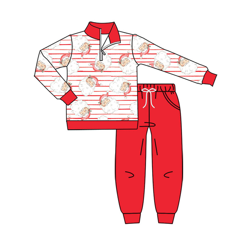 Preorder (moq 5)Baby Boys Santa Stripe Zip Pullovers Pockets Joggers Christmas Clothes Set