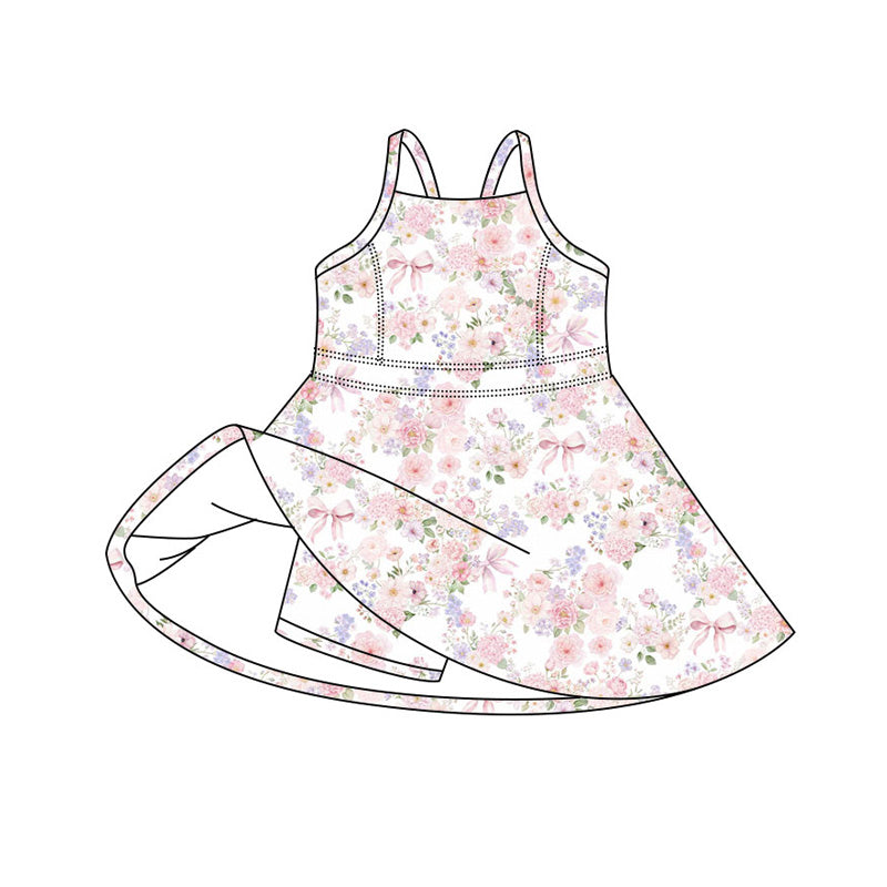 Preorder (moq 5)Baby Girls Strap Light Pink Flowers Bows Shorts Knee Length Dresses
