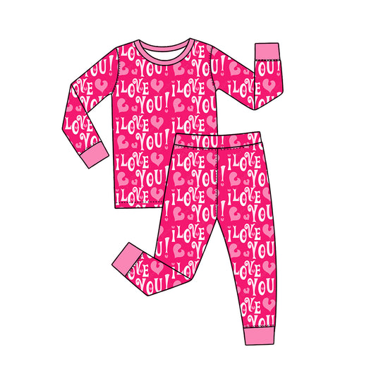 Preorder (moq 5) Baby Girl Clothes Valentine I Love You Bold Letter Heart Print Long Sleeve Pajama Set