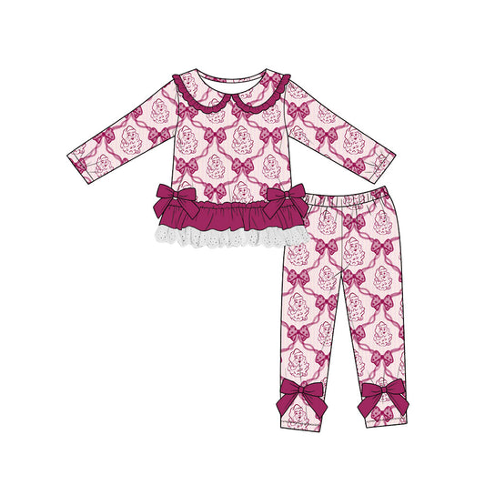 Preorder (moq 5)Baby Girls Bows Santa Lace Ruffle Top Leggings Christmas Sets
