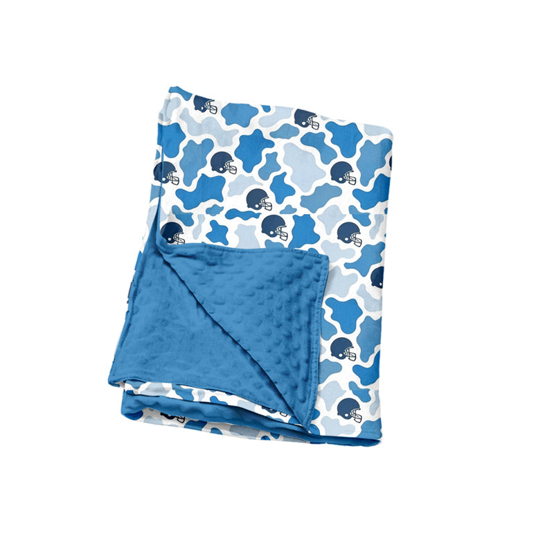 Preorder (moq 5) Baby Blanket Bright Blue Camo Football Helmet Print Minky Dot Backing Baby Swaddle Blanket