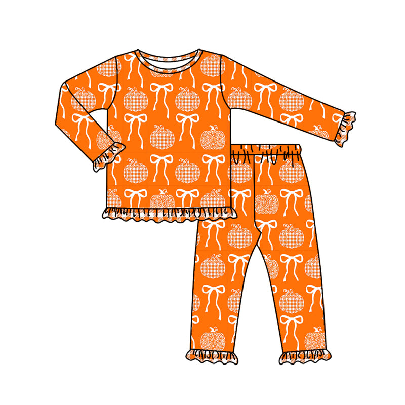 Preorder (moq 5)Baby Girls Long Ruffle Sleeves Bows Pumpkins Plaid Top Pants Pajamas Set