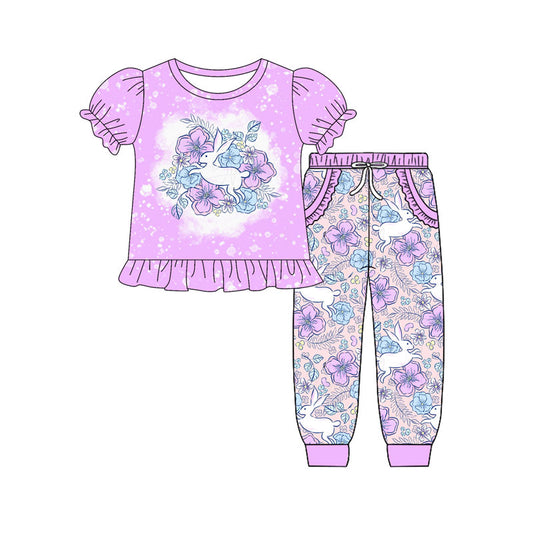 Preorder(moq 8)Baby Girls Purple Blue Flowers Rabbits Top Pockets Pant Easter Clothes Sets