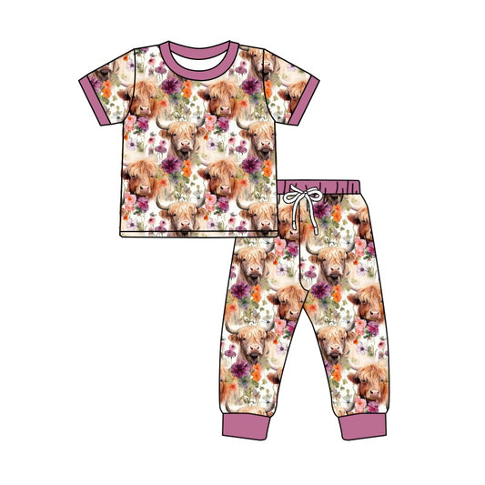 Baby Girls Western Highland Cow Flowers Shirt Pants Pajamas Clothes Sets Preorder(moq 5)