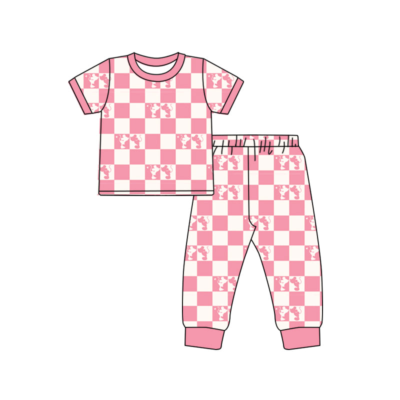 Baby Girls Cartoon Pink Checkered Mouse Short Sleeve Shirt Pants Pajamas Clothing Sets Preorder(moq 5)