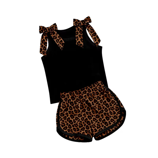 Preorder (moq 5)Baby Girls Black Bows Shirts Leopard Shorts Clothes Sets