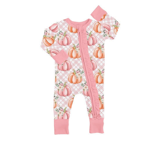 Baby Infant Girls Pink Pumpkin Long Sleeve Zip Rompers preorder(moq 5)