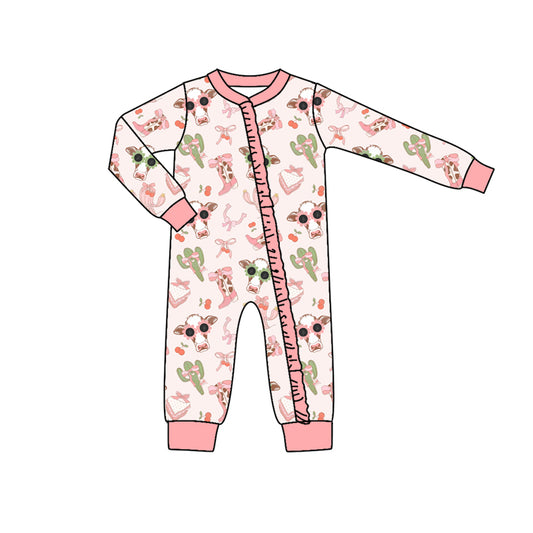 Baby Toddler Girls Pink Howdy Heifer Long Sleeve Zip Rompers preorder(moq 5)