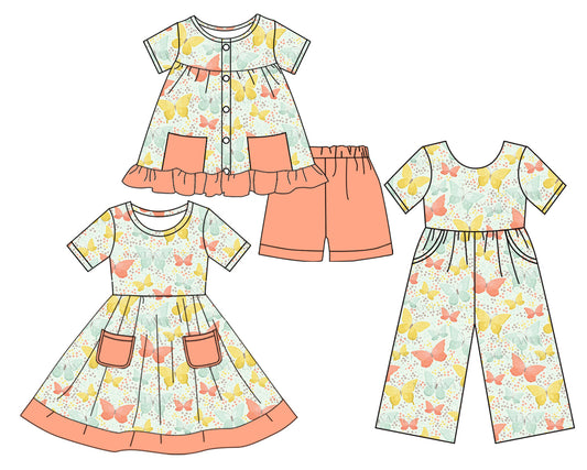 Preorder moq 5 Custom Baby Girls Peach Short Sleeves Button Butterfly Pockets Tunic Short Set Knee Length Dress Jumpsuits