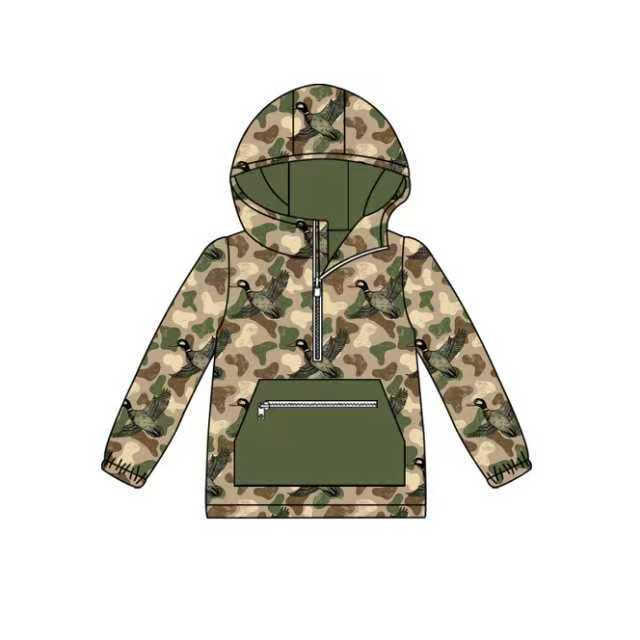 Preorder (moq 5)Baby Boys Green Camo Ducks Zipper Pocket Western Hooded Tops