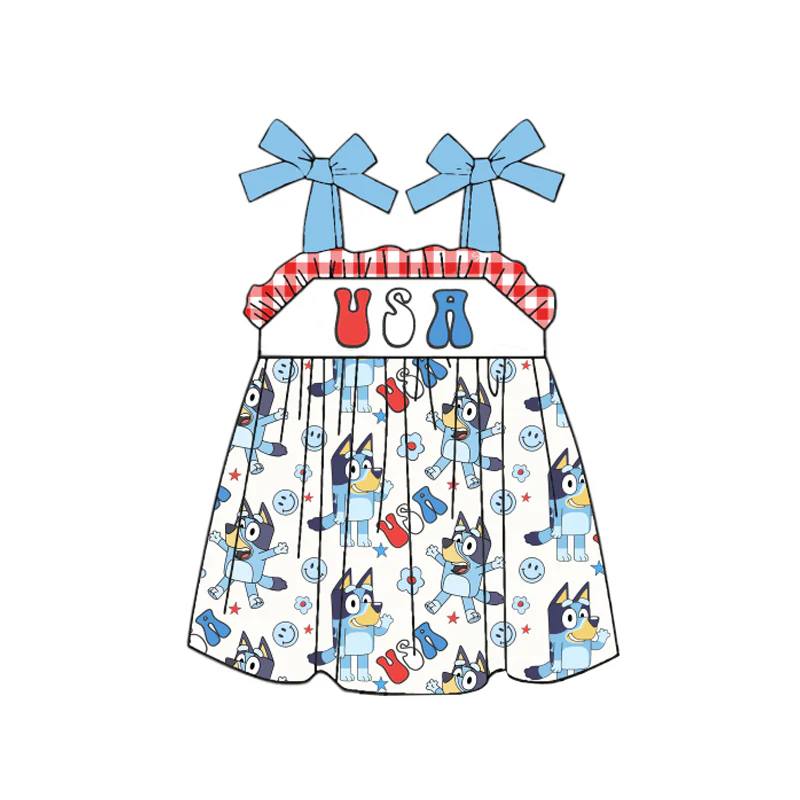 Baby Girls USA Dogs 4th Of July Straps Ruffle Knee Length Dresses Preorder(moq 5)