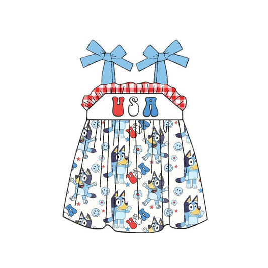 Baby Girls USA Dogs 4th Of July Straps Ruffle Knee Length Dresses Preorder(moq 5)