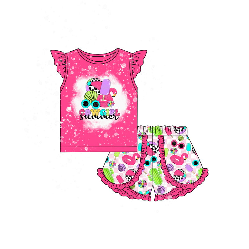 Baby Girls Cowgirl Summer Flutter Sleeve Top Ruffle Shorts Clothes Sets preorder(moq 5)