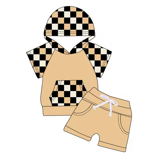Baby Boys Khaki Black Checkered Hooded Top Shorts Clothes Sets preorder (moq 5)