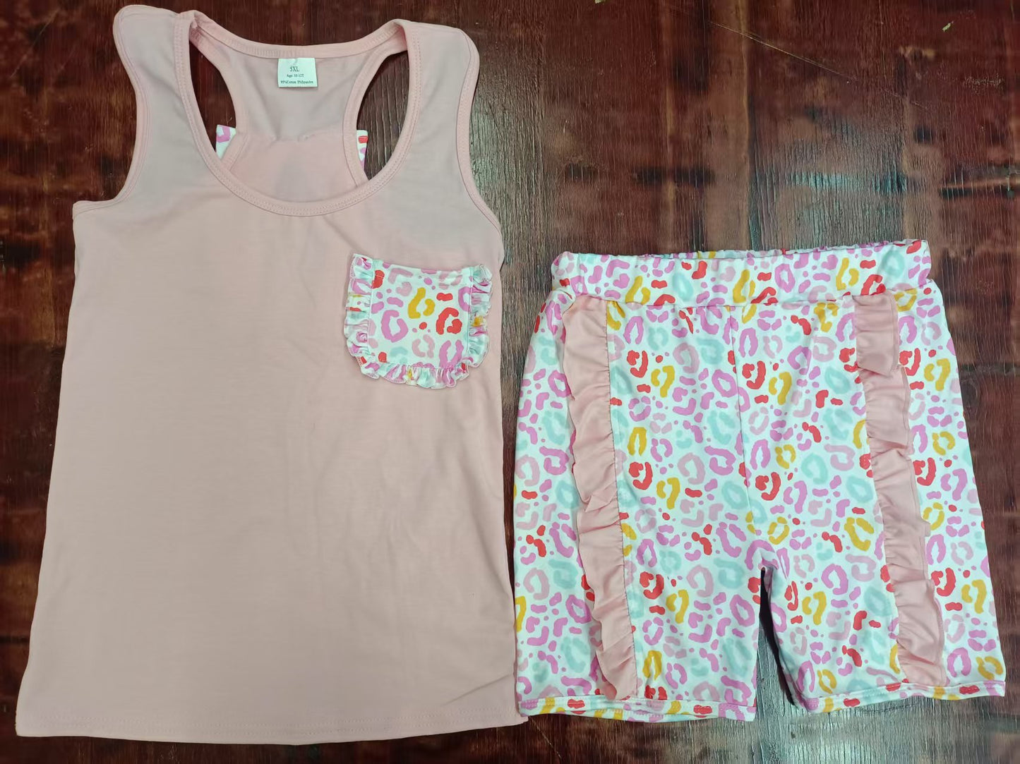 Preorder moq 5 Baby Girls Peach Sleeveless Bows Pocket Vest Colorful Leopard Ruffle Short Set