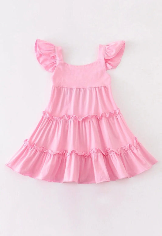 Baby Girls Pink Cotton Flutter Sleeve Knee Legnth Dresses preorder (moq 5)
