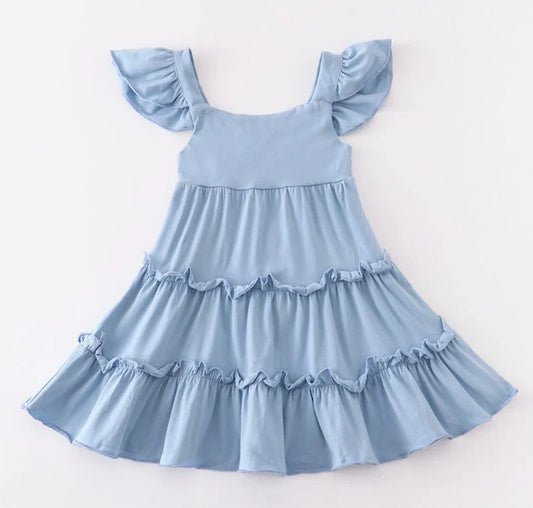 Baby Girls Blue Cotton Flutter Sleeve Knee Legnth Dresses preorder (moq 5)