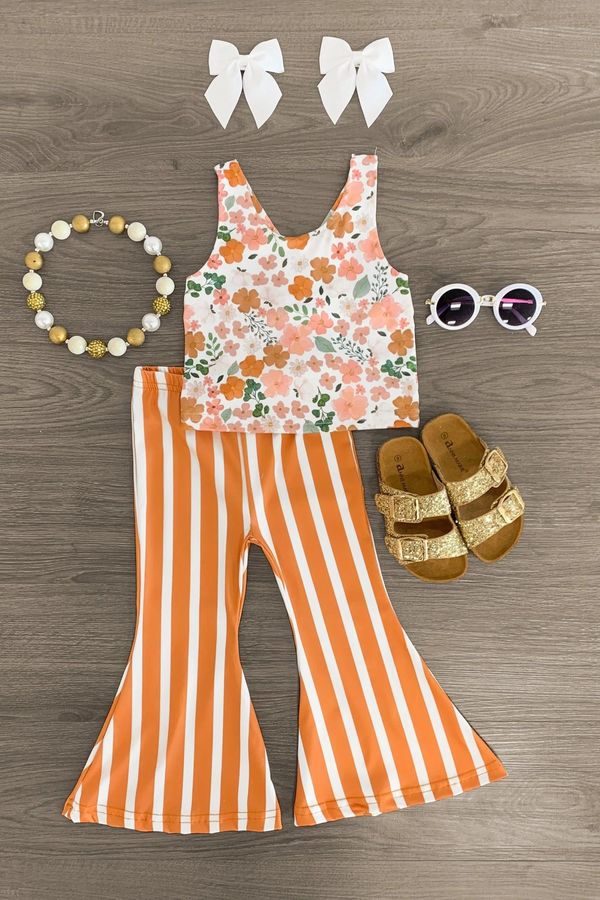 Baby Girls Orange Floral Shirt Stripes Bell Pants Clothes Sets order preorder (moq 5)