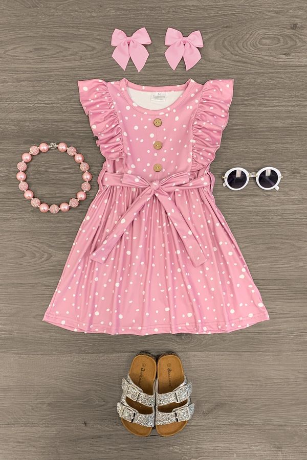 Baby Girls Pink Polka Dots Belt Knee Length Dresses preorder(moq 5)