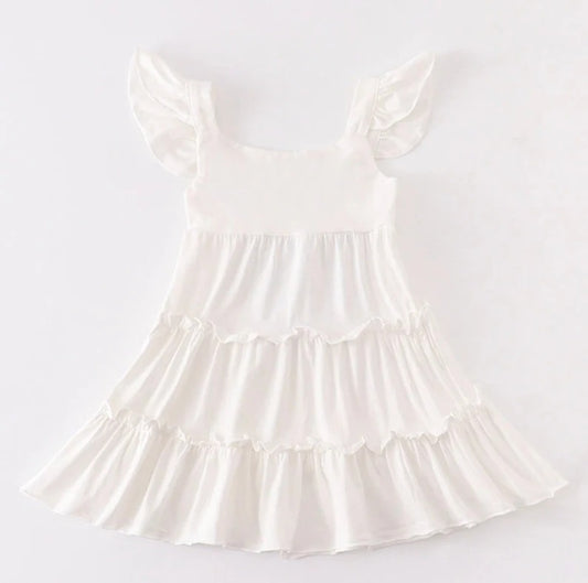 Baby Girls White Cotton Flutter Sleeve Knee Legnth Dresses preorder (moq 5)